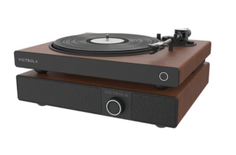 This speaker by Victrola sits underneath turntables and streams audio via Bluetooth